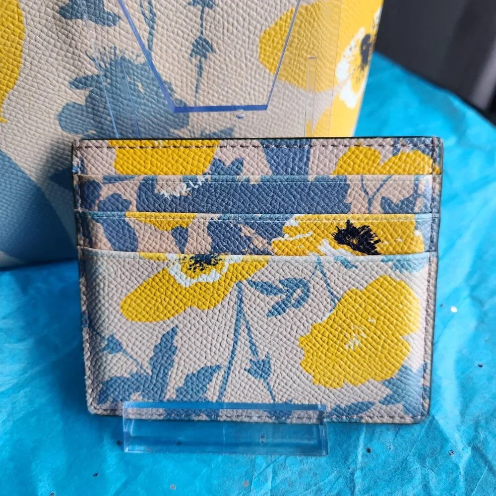 Furla Floral Yellow and Gray Print Leather Tote and card holder 3pc set - Picture 8 of 11